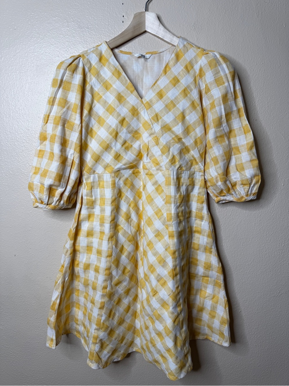 AND Dress Women’s 10 Yellow White Gingham Puff Sleeve Cottagecore Mini Dress